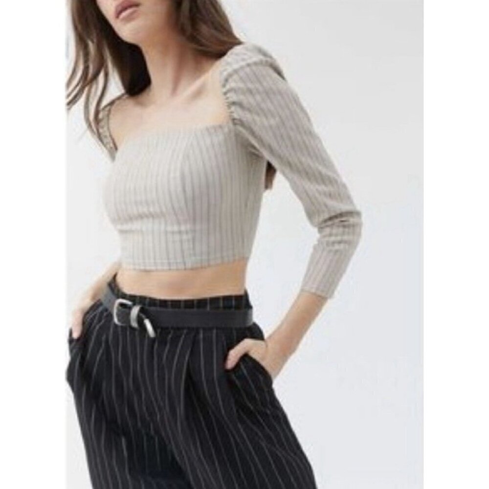 Urban Outfitters UO Top Womens XL Beige Striped Puff Sleeve Cropped Coquette Y2K
